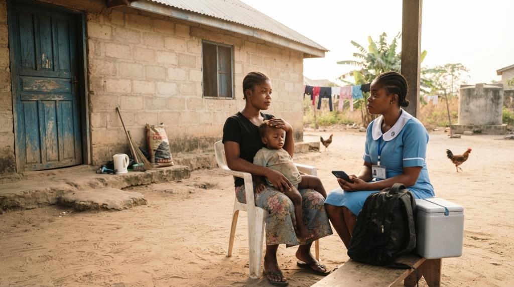 Community health worker using a phone during a home visit