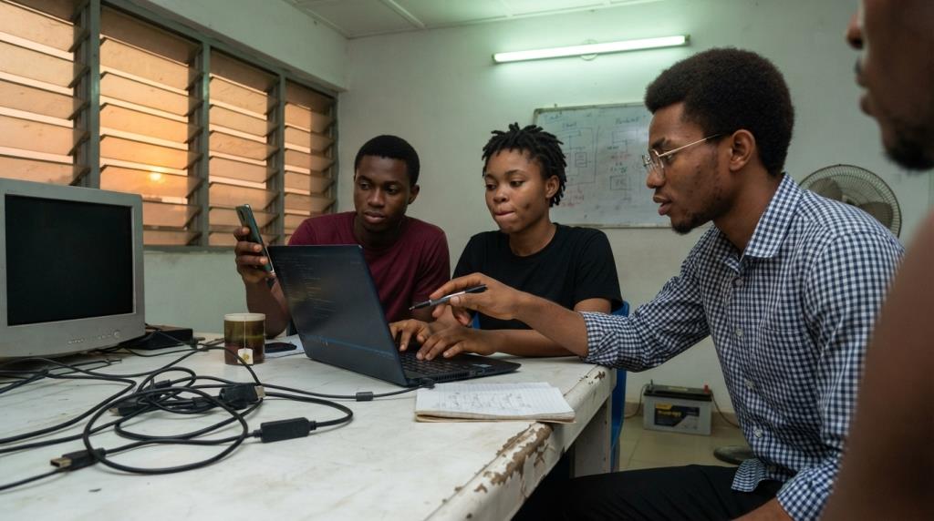 Young developers collaborating around a laptop