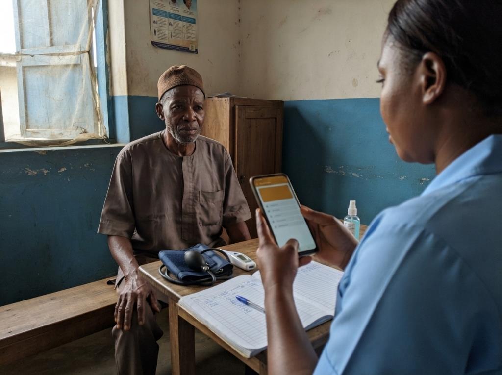Community health worker using a phone with a patient