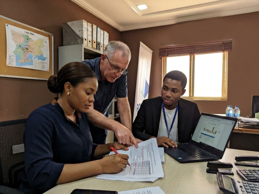 NGO team reviewing an outbreak report on a laptop