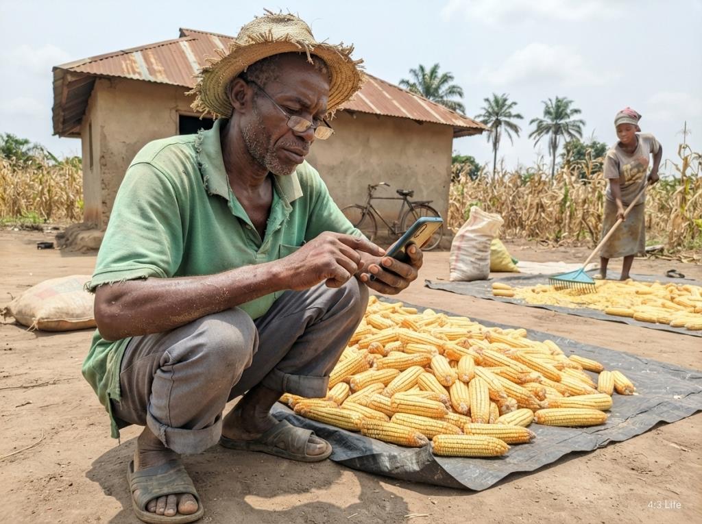 Farmer holding a phone beside a maize harvest